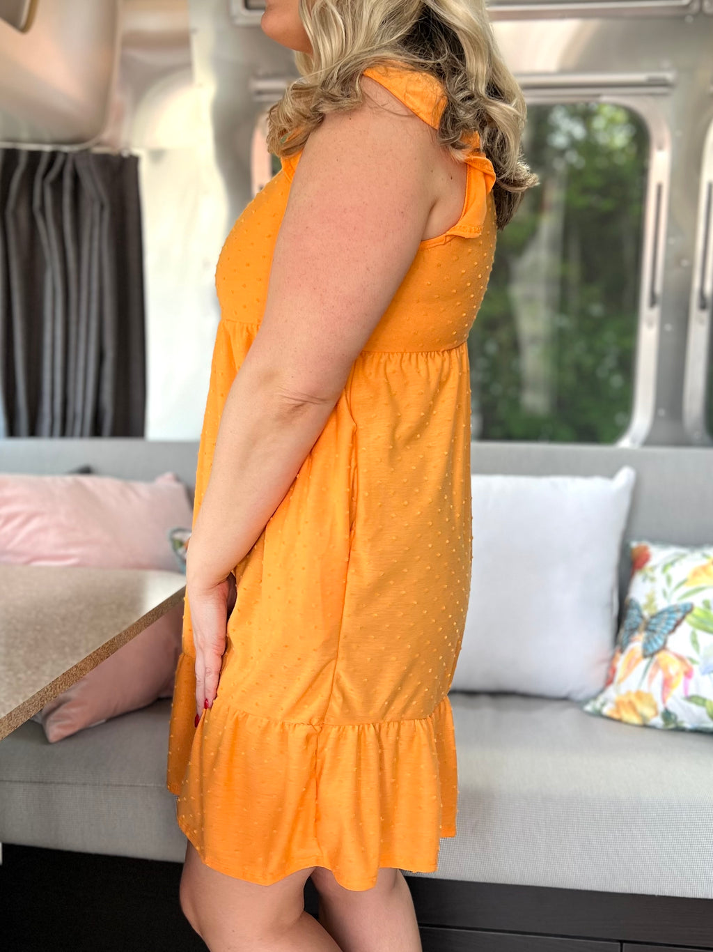 orange fabric dot dress H9