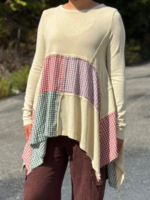 A15 Cream Plaid Patchwork Top