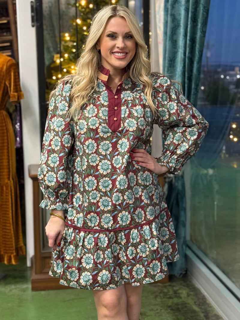 burgundy and green bold floral dress B37