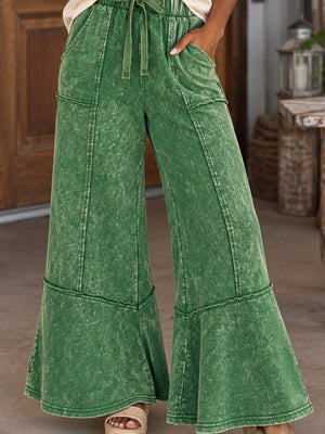 Deep Green Mineral Wash Flared Pants