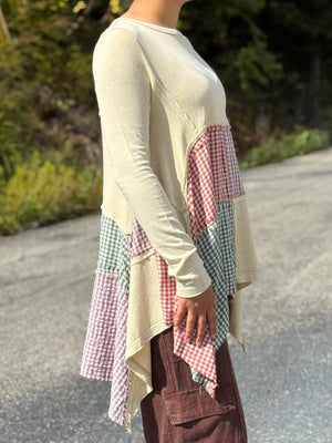 A15 Cream Plaid Patchwork Top