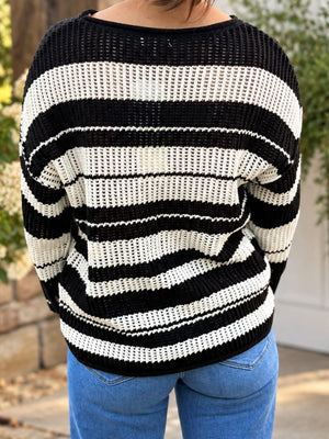 Black and White Striped Crochet Sweater