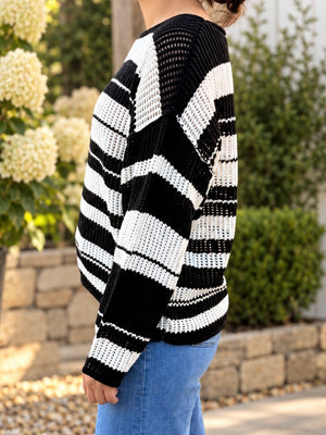 Black and White Striped Crochet Sweater