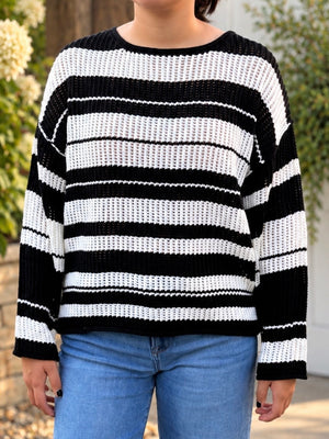 Black and White Striped Crochet Sweater