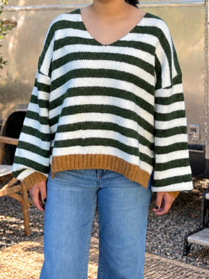 Green and White Striped Sweater