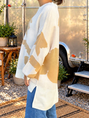 White and Tan Print Sweater