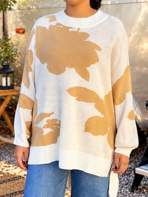 White and Tan Print Sweater
