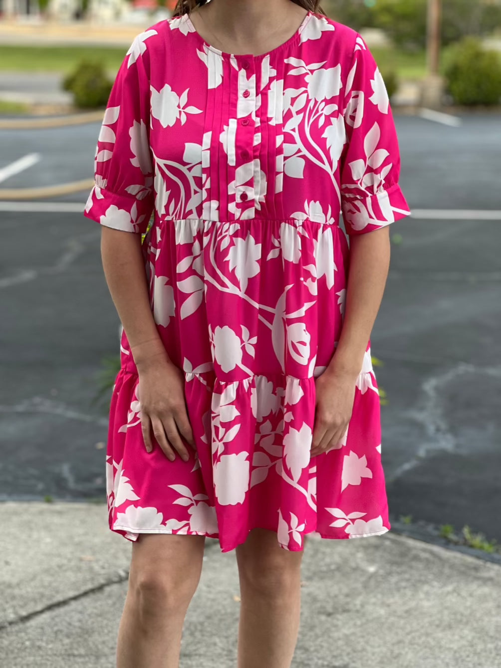 ss pink white floral Dress knee length