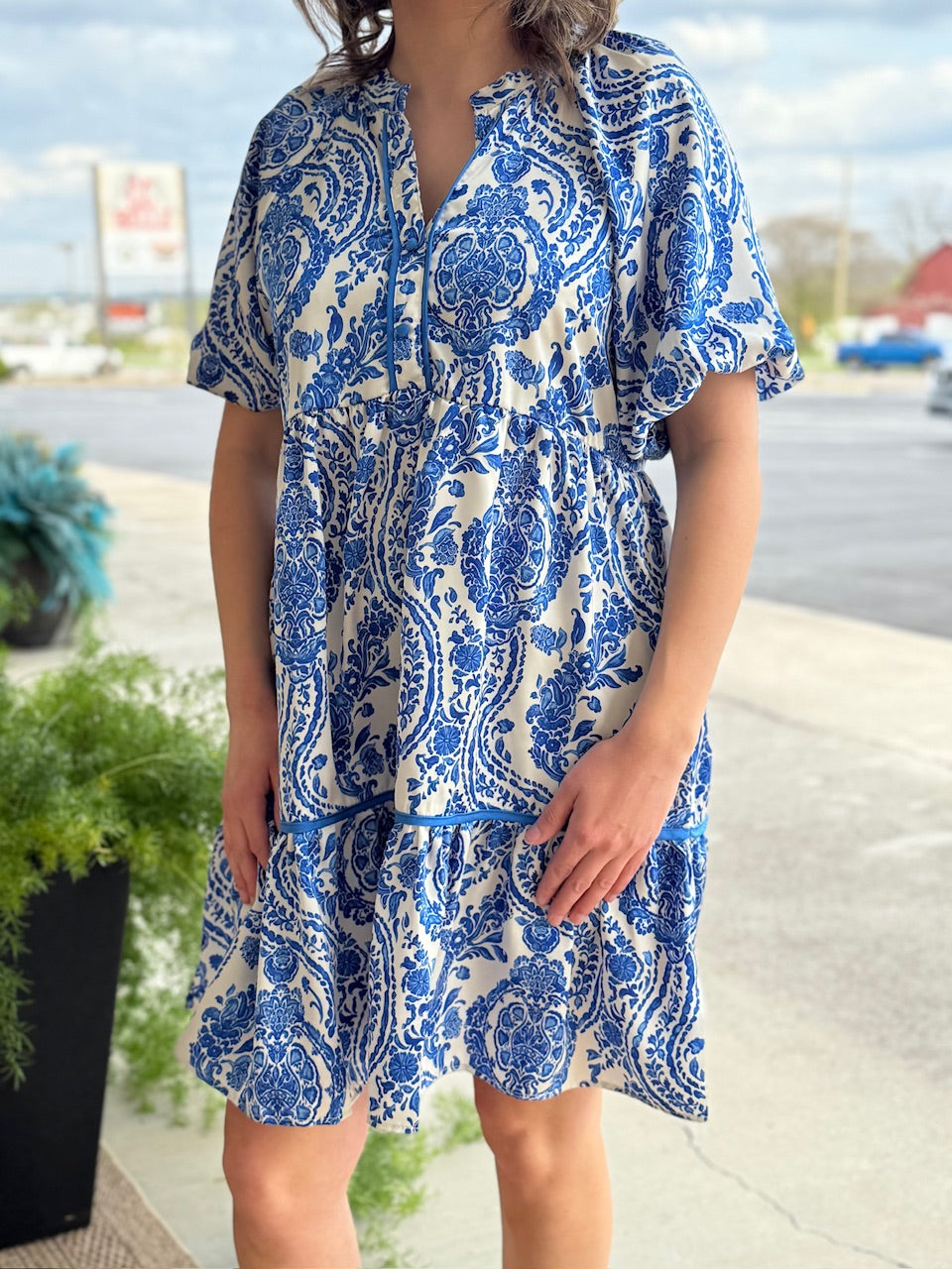 blue/white paisley dress