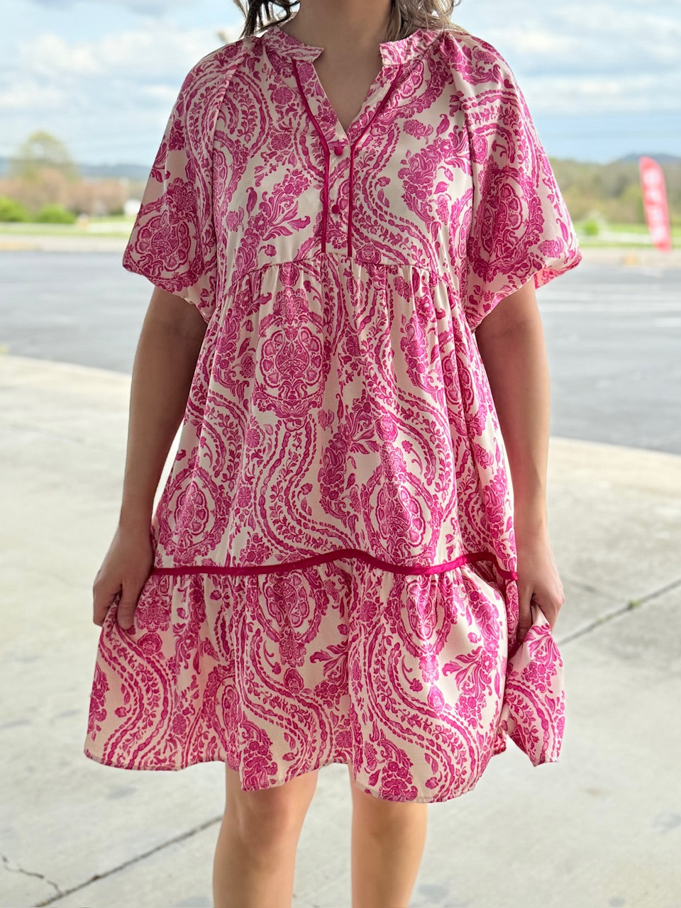 pink/white paisley dress