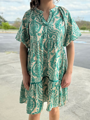 green/white paisley dress