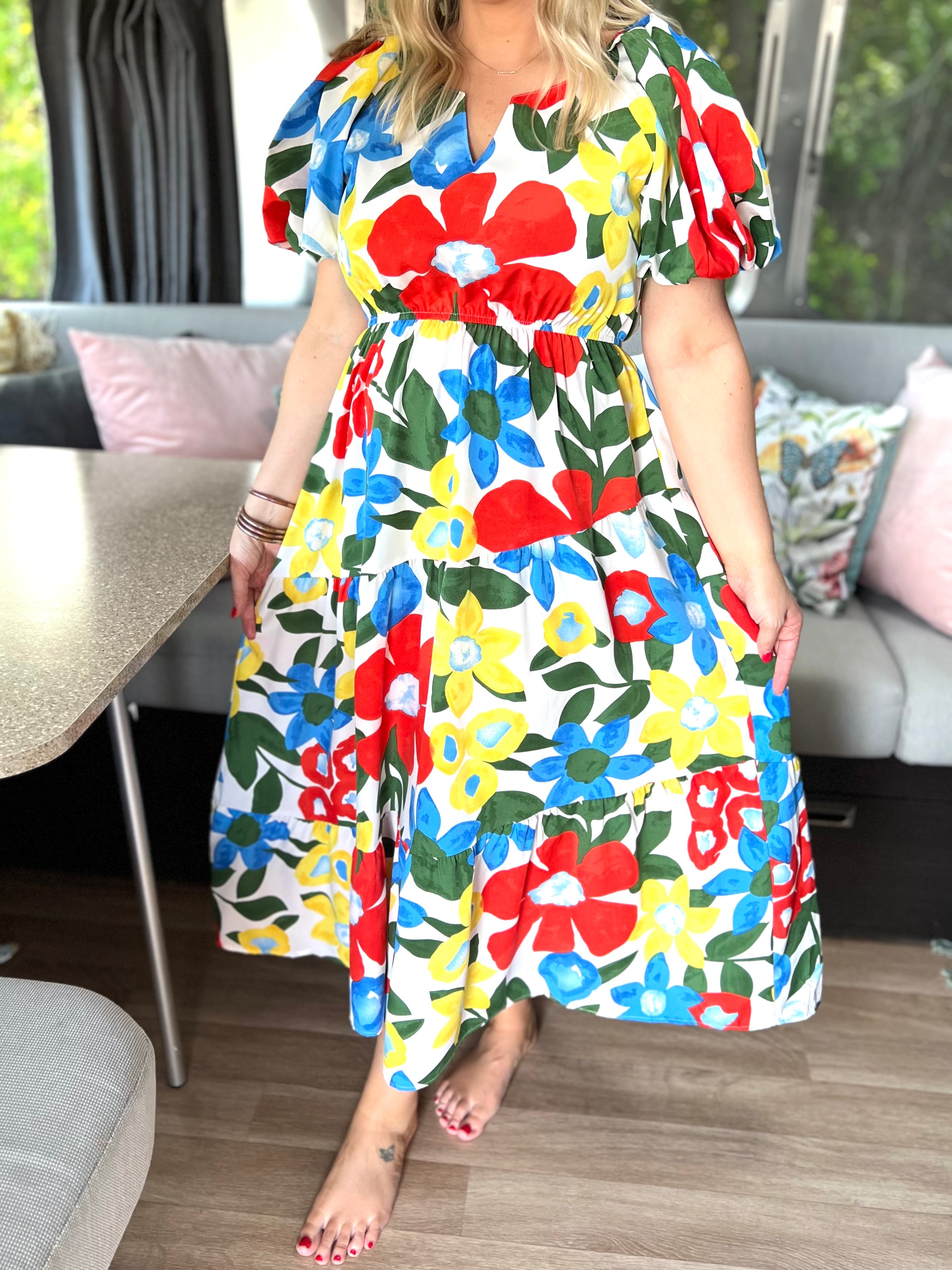 red/yellow/blue floral print dress H19 – CC Belle