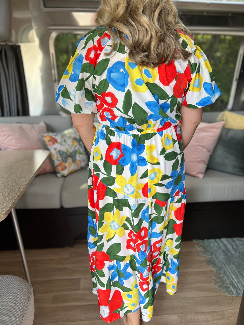 red/yellow/blue floral print dress H19