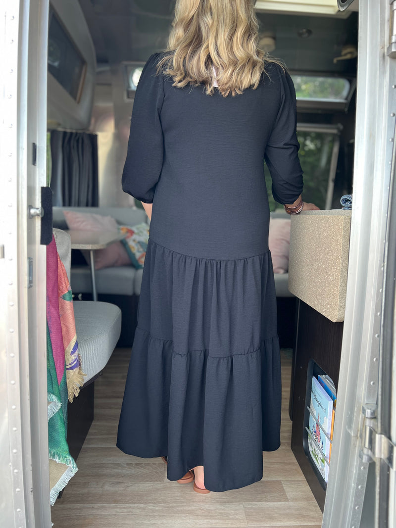 black 3/4 sleeve maxi dress G43