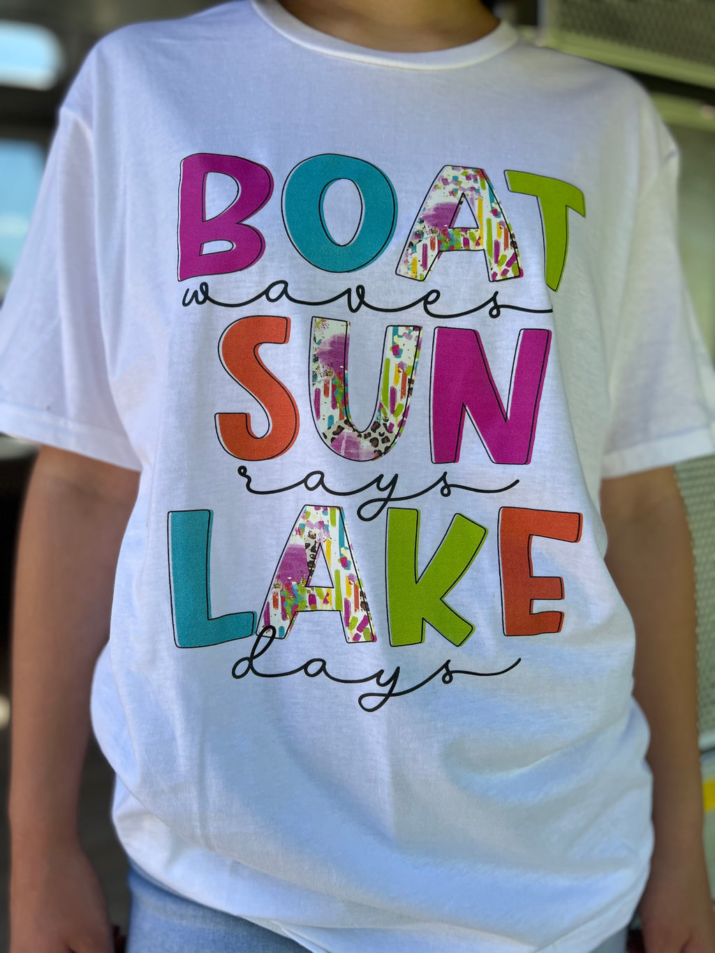 boat, sun, lake tee