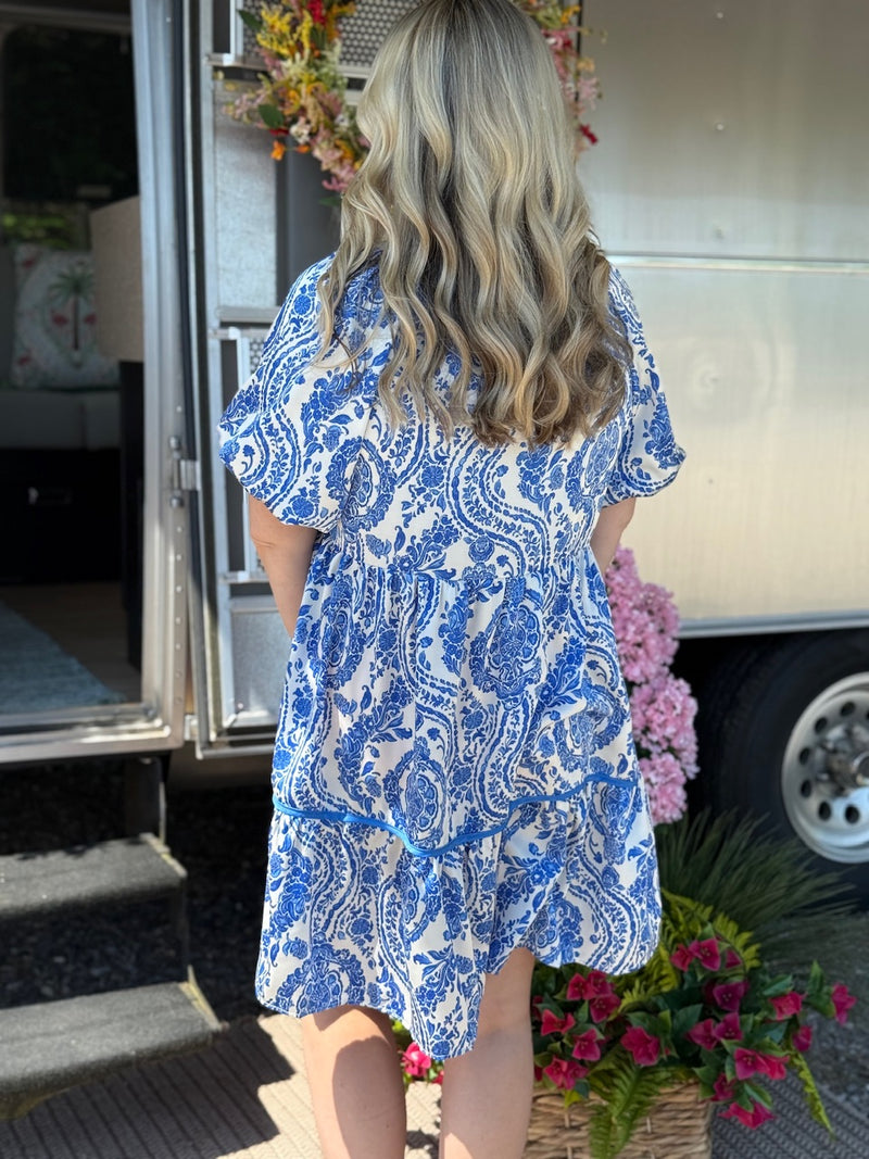 blue/white paisley dress