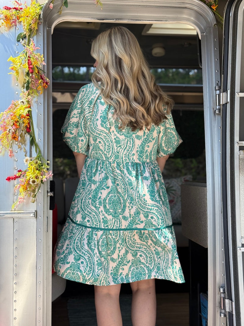 green/white paisley dress