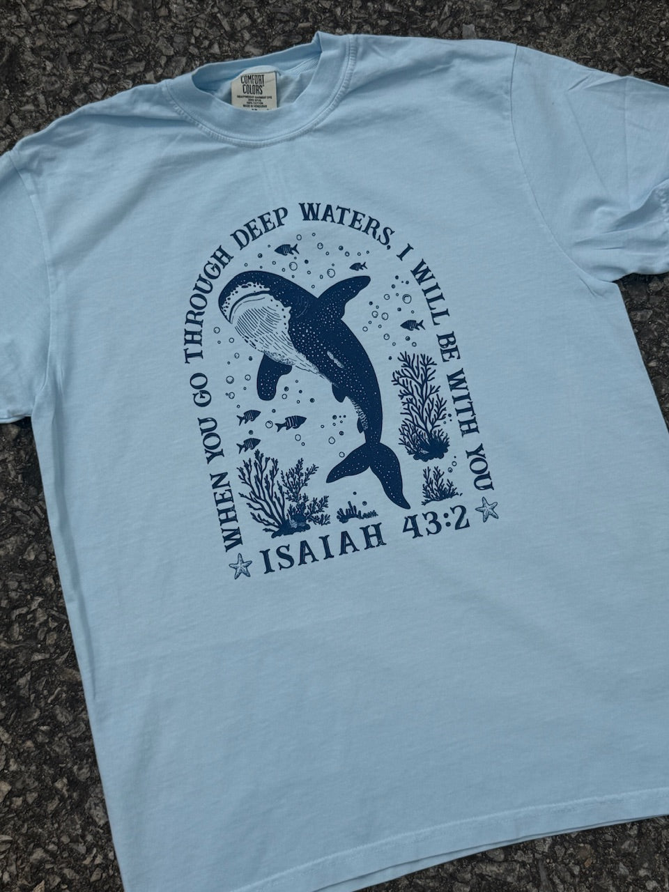 Front of light blue short sleeve T-shirt that has the text "When you go through deep waters, I will be with you. Isaiah 43:2" with a graphic of a whale shark, different fish, and coral printed in dark blue. 