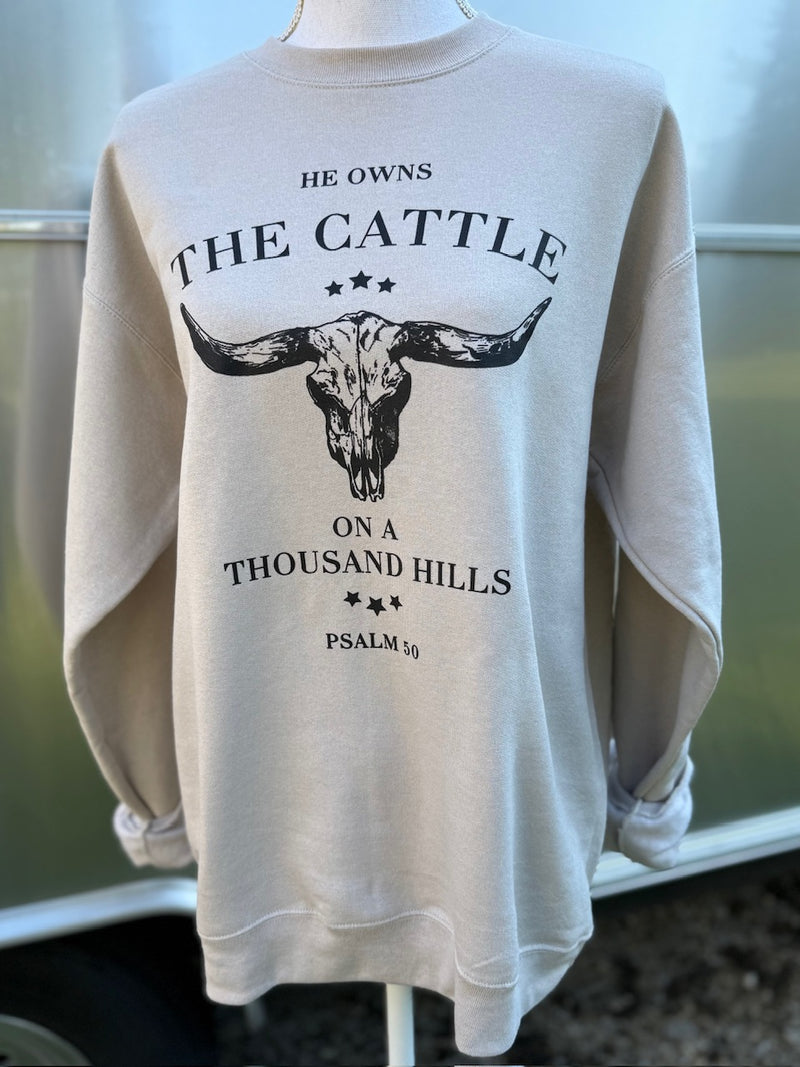 A sand sweatshirt with a longhorn cow skull with three small stars above it with the text He owns the cattle on a thousand hills, Psalm 50 around the skull. The design is printed on the shirt in black ink.  The sweatshirt is on a mannequin that is standing in front of a camper.