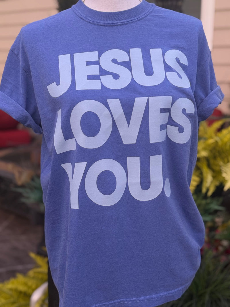 light blue/royal blue Jesus loves you tee