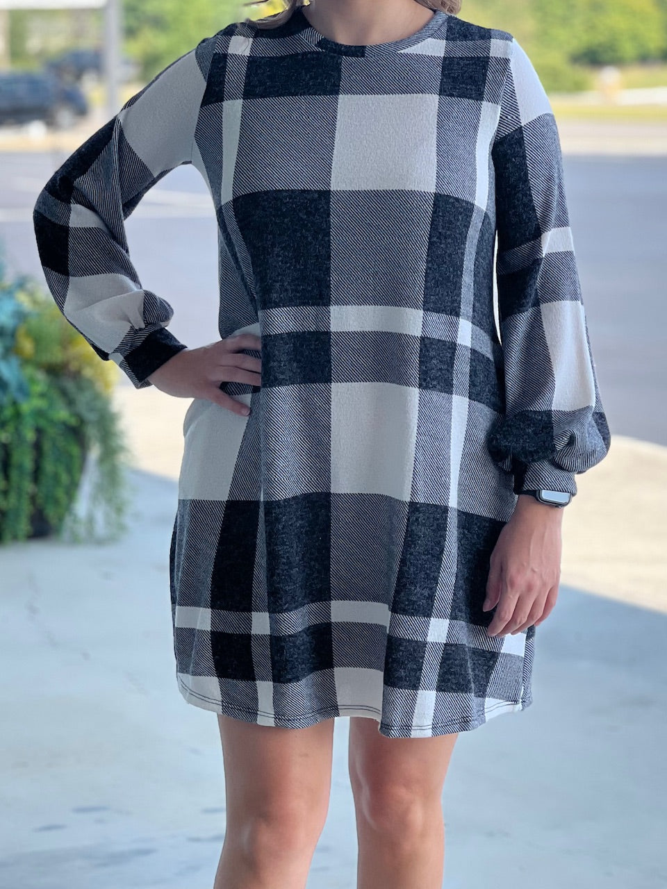 black and white plaid dress V66