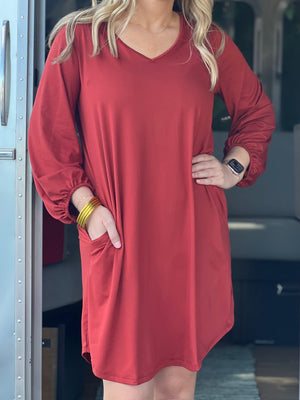 rust balloon sleeve dress B5