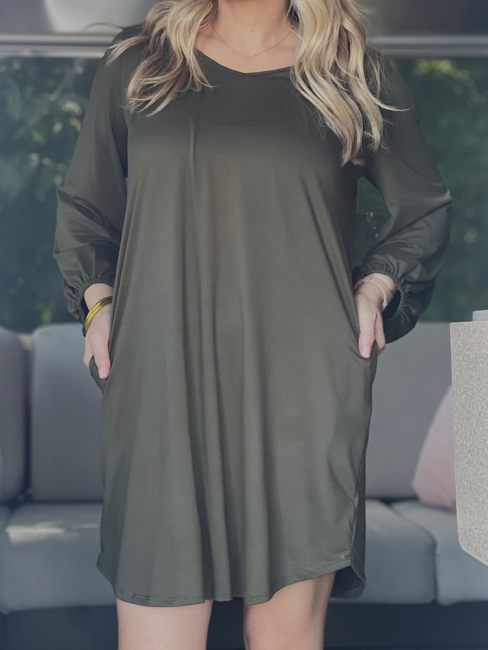 green balloon sleeve dress L10