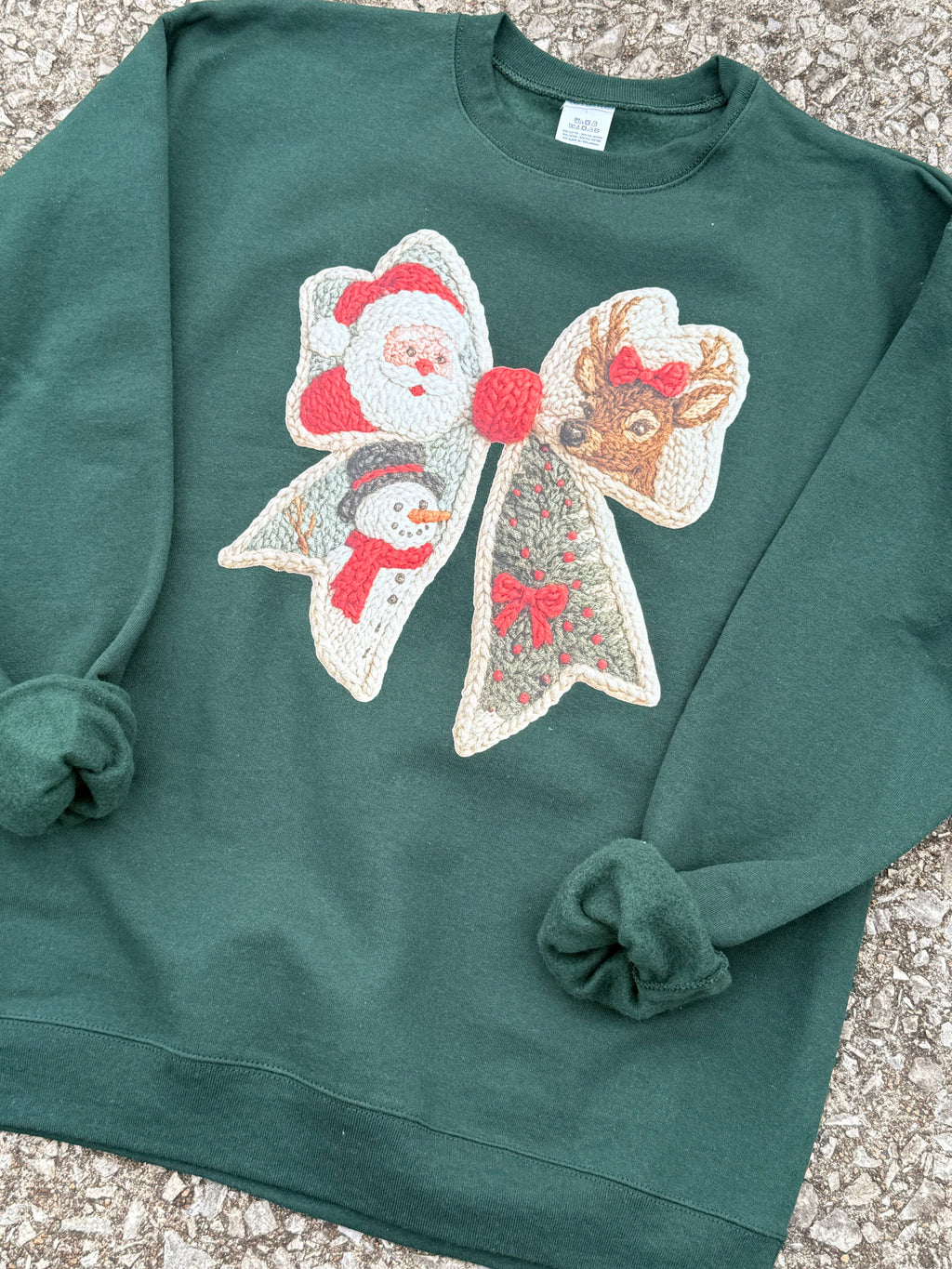 faux yarn bow forest green sweatshirt