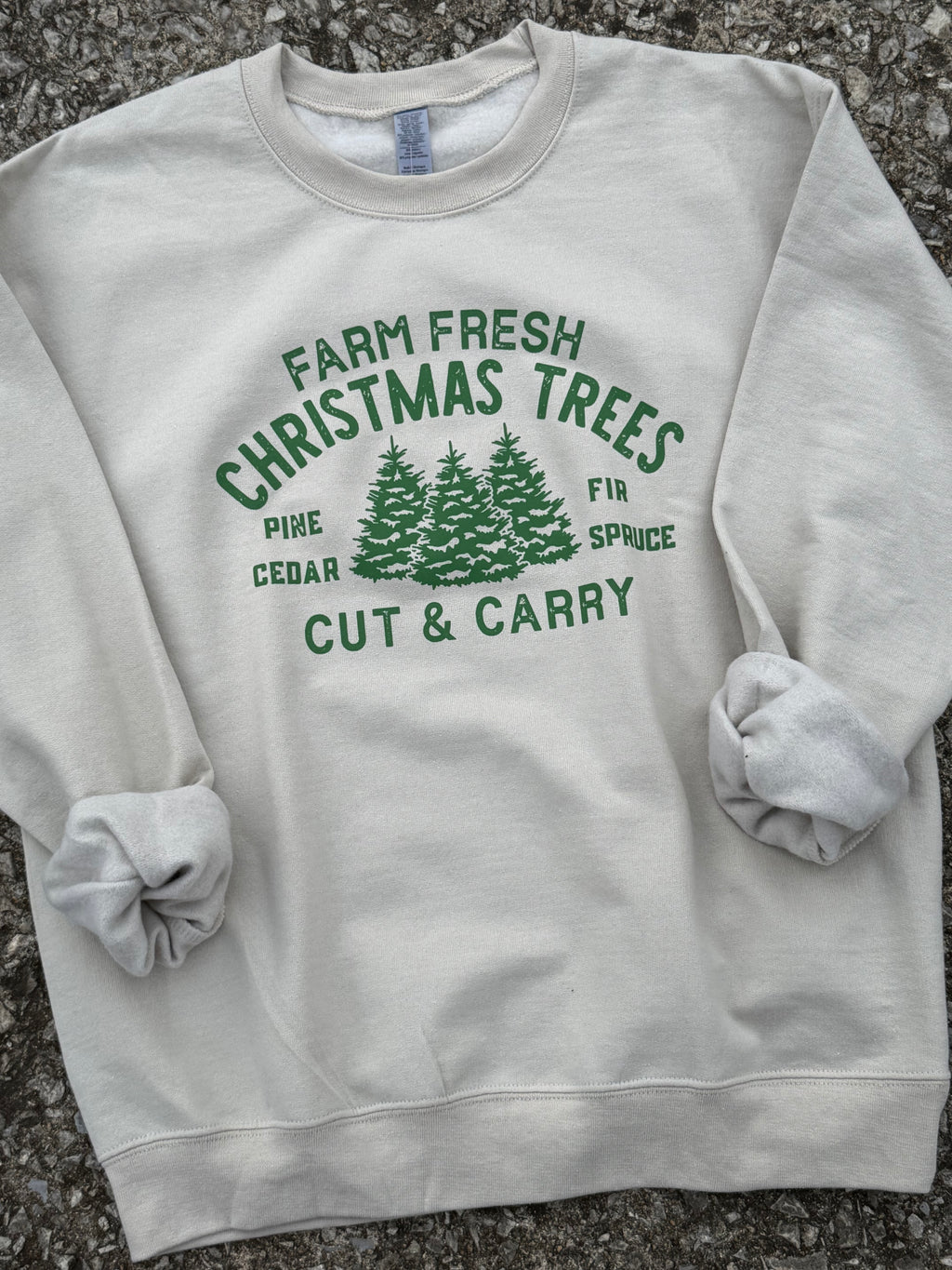 farm fresh Christmas trees sand sweatshirt