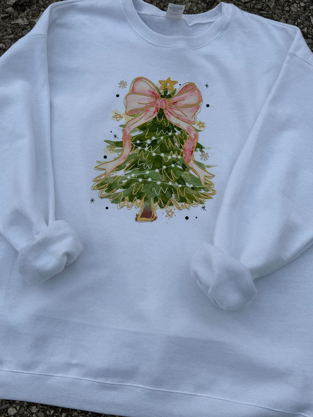 pink bow tree white sweatshirt