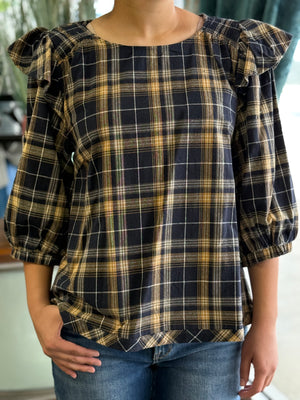 navy plaid ruffle top V24