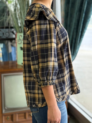 navy plaid ruffle top V24