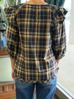 navy plaid ruffle top V24