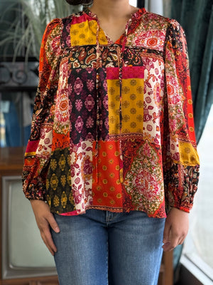 red patchwork long sleeve top H13