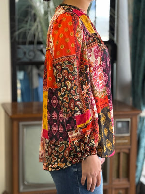 red patchwork long sleeve top H13