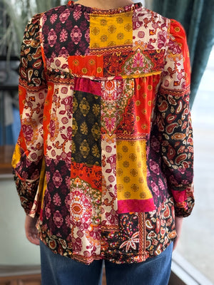 red patchwork long sleeve top H13