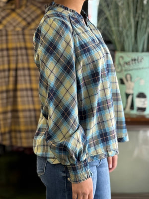 blue and green plaid long sleeve top H11