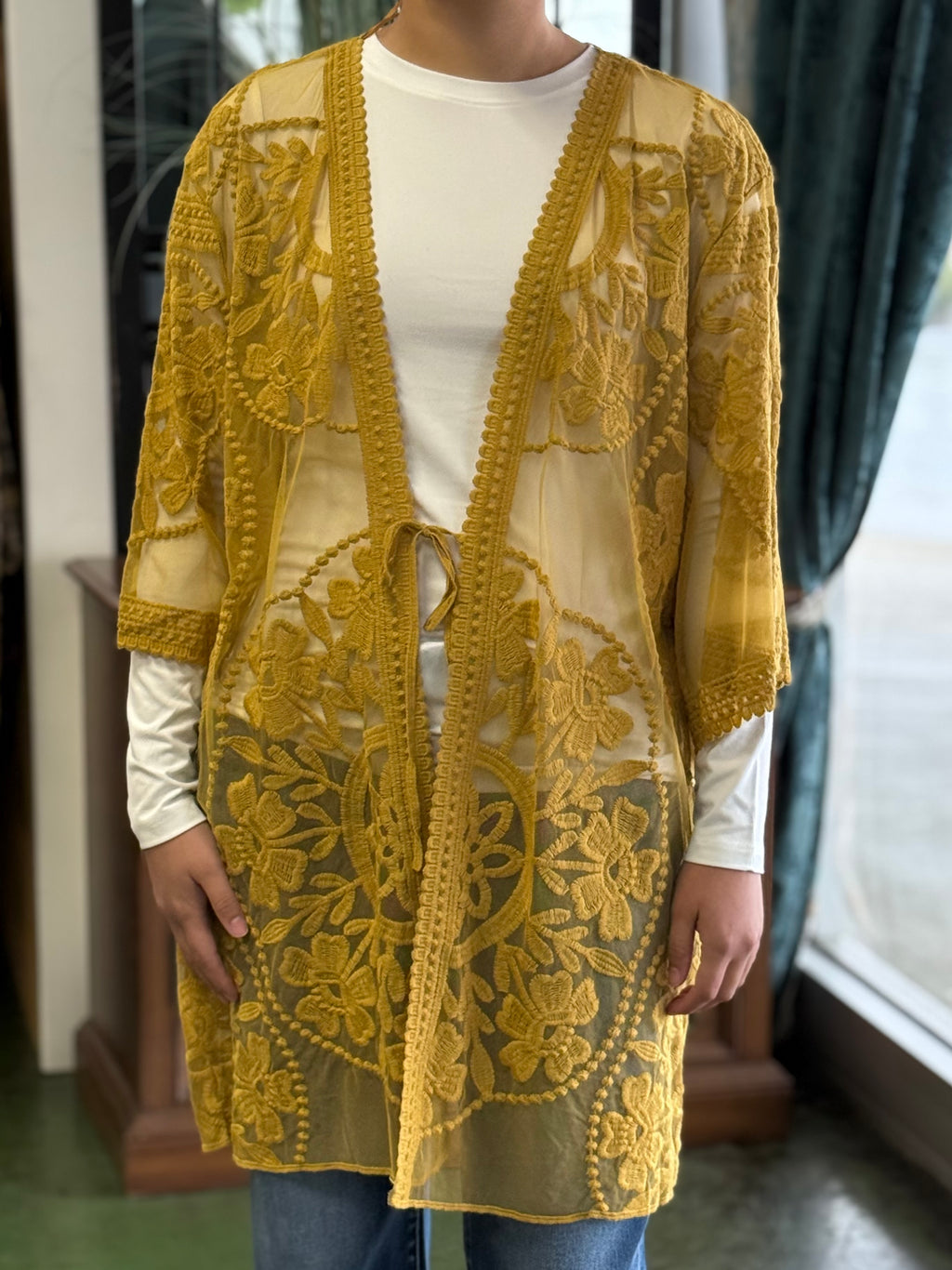 mustard lace kimono H14 PROMO