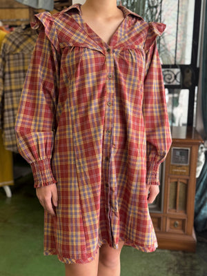 plaid ruffle shoulder dress V62