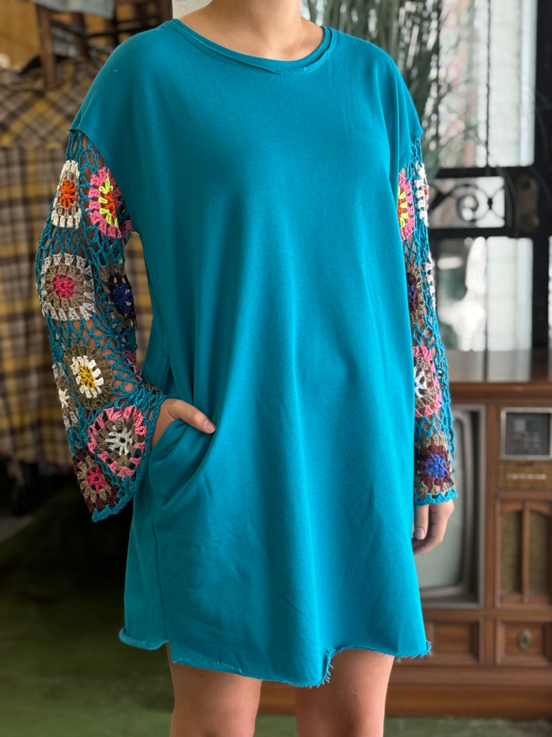 teal crochet sleeve dress PROMO