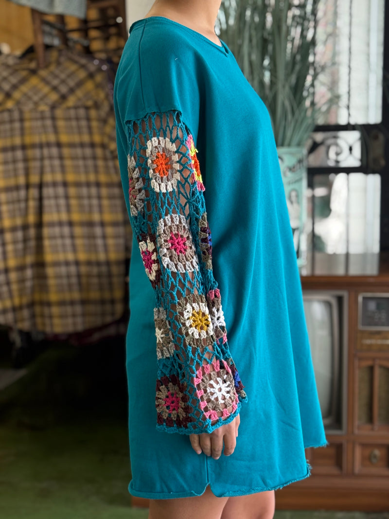 teal crochet sleeve dress PROMO