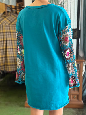 teal crochet sleeve dress PROMO