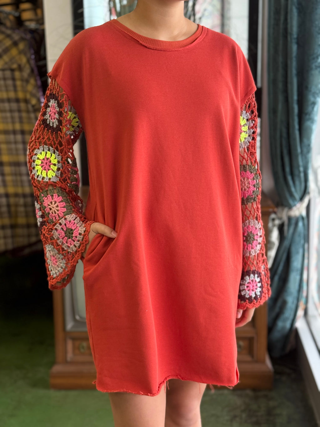 rust crochet sleeve dress PROMO
