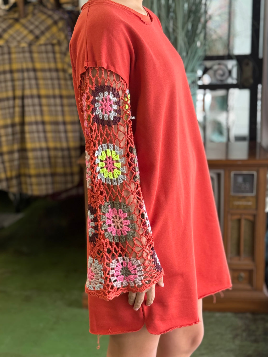 rust crochet sleeve dress PROMO