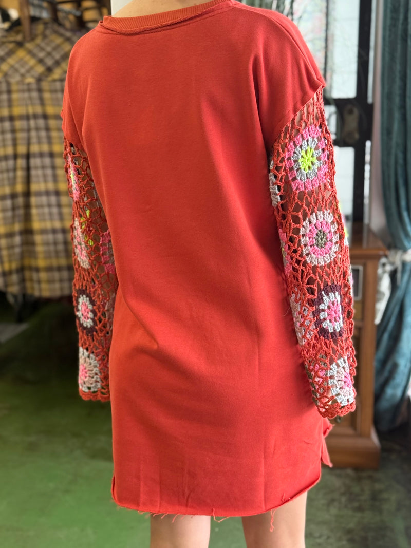 rust crochet sleeve dress PROMO