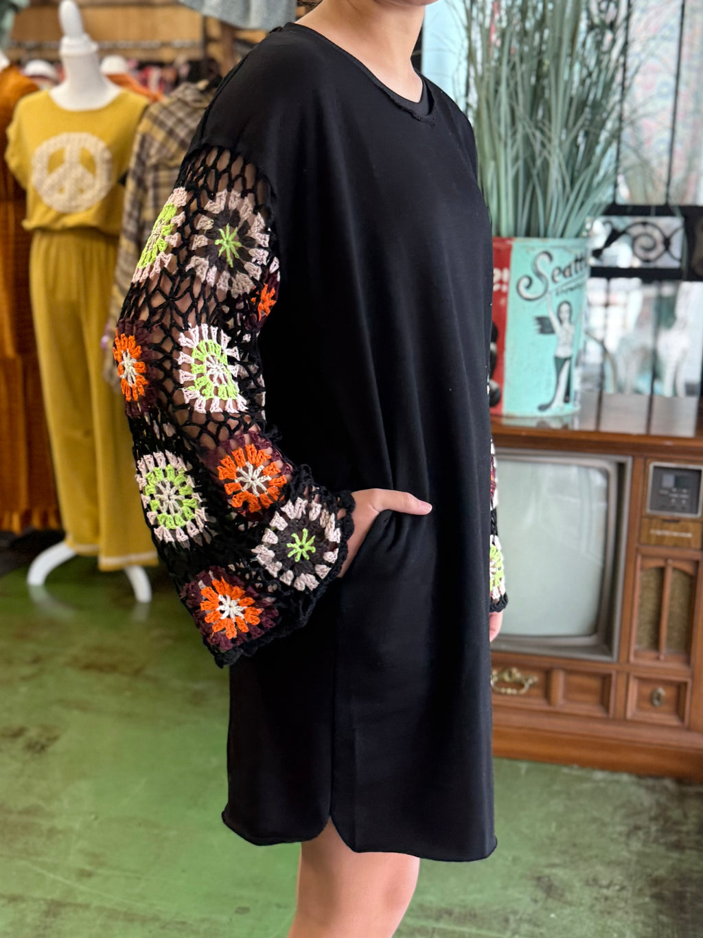 black  crochet sleeve dress PROMO