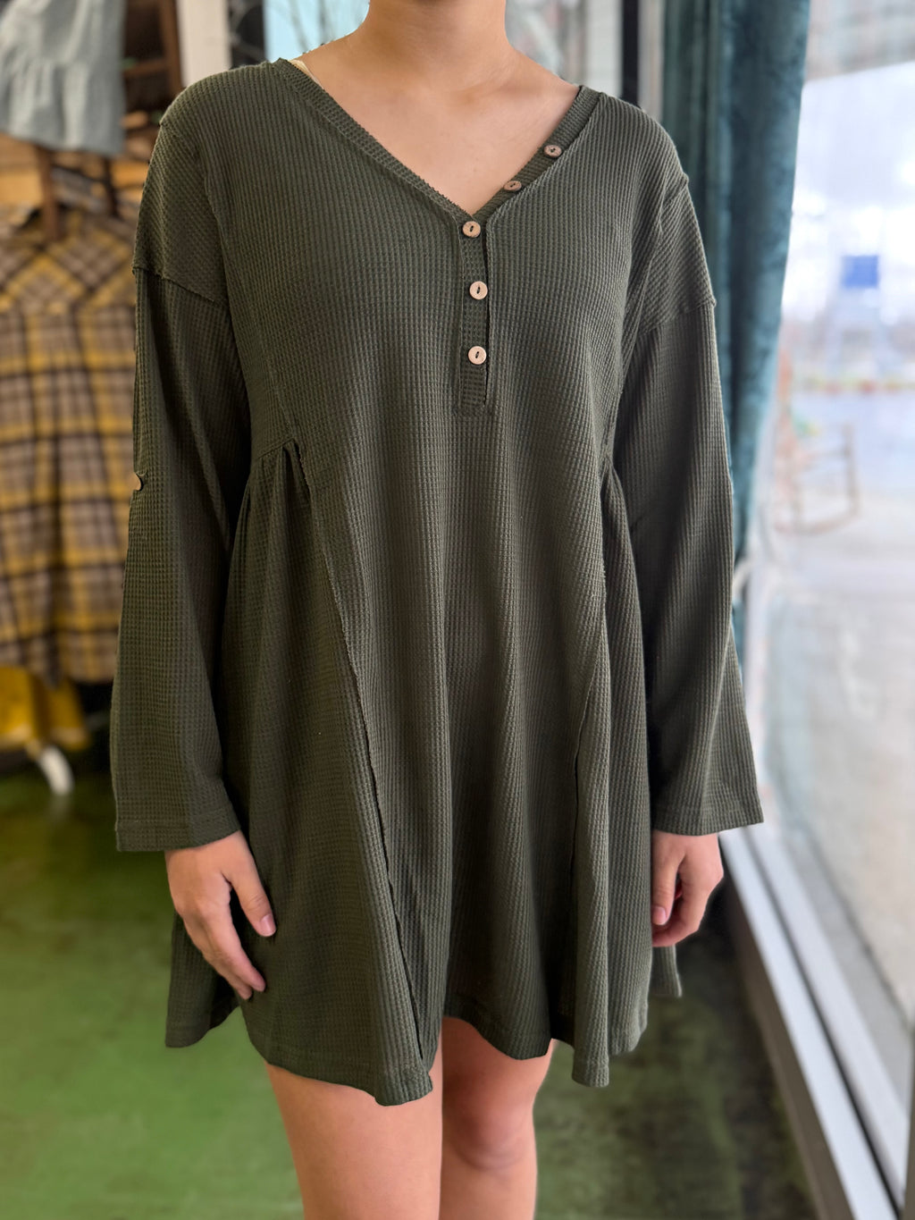 olive waffle knit tunic dress A16