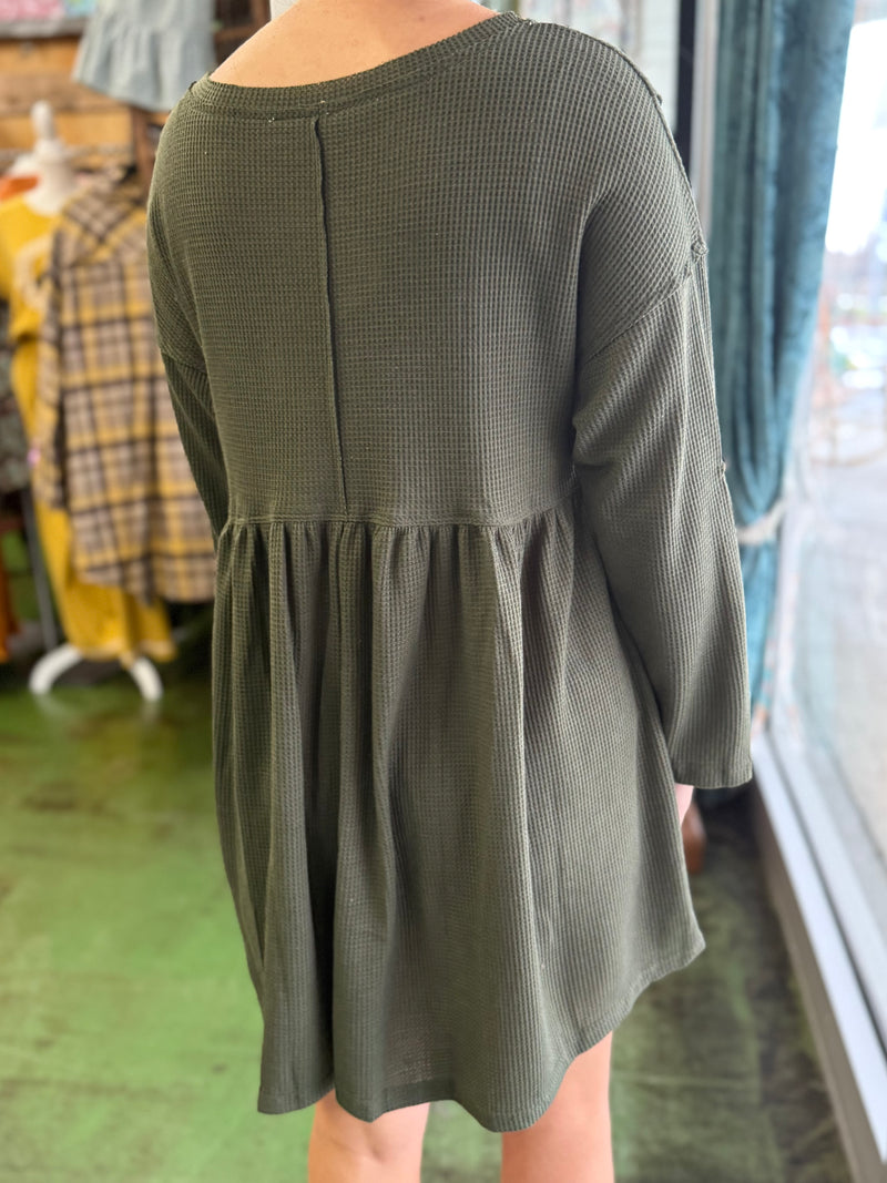 olive waffle knit tunic dress A16