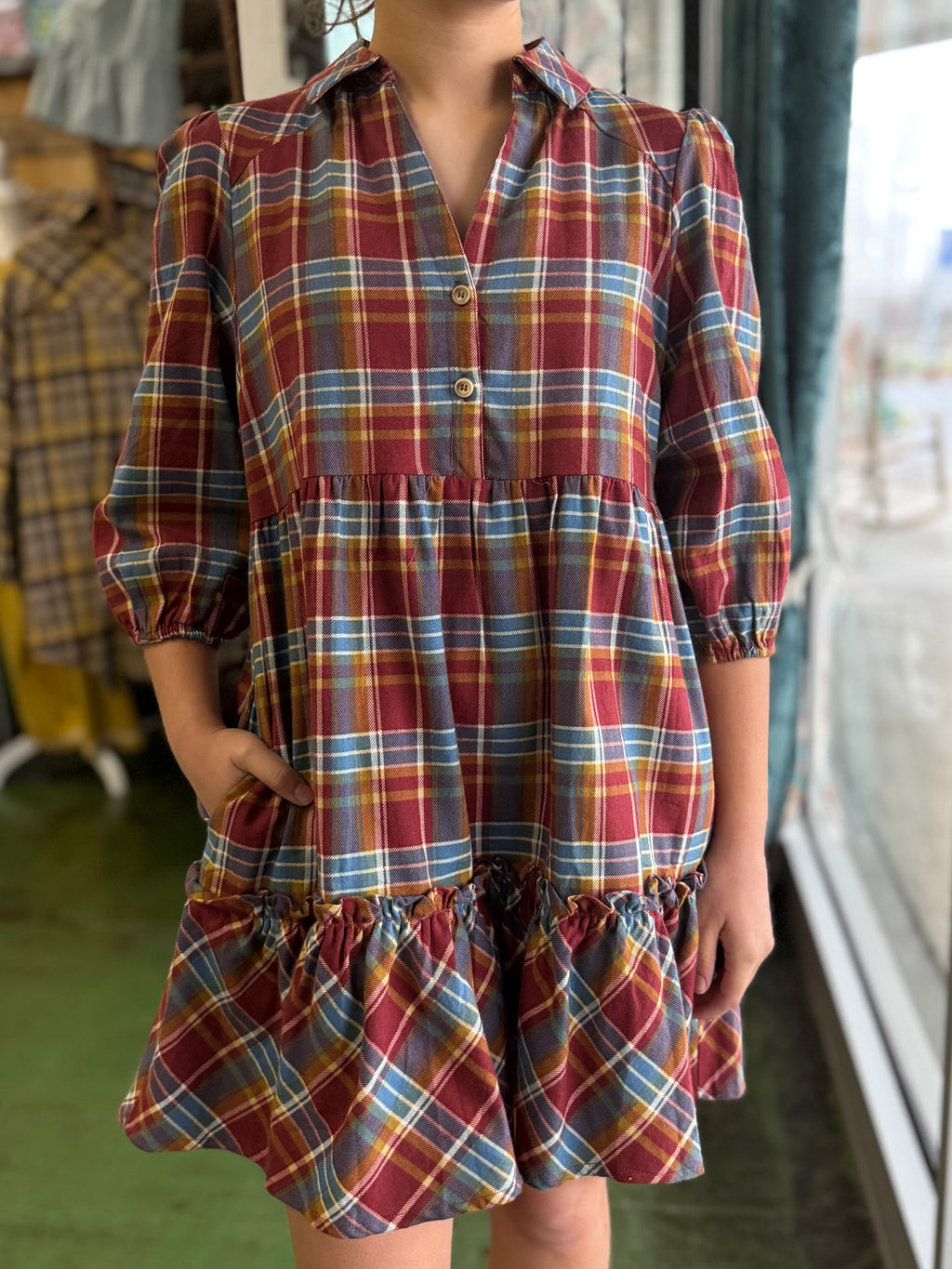 burgundy plaid dress V60