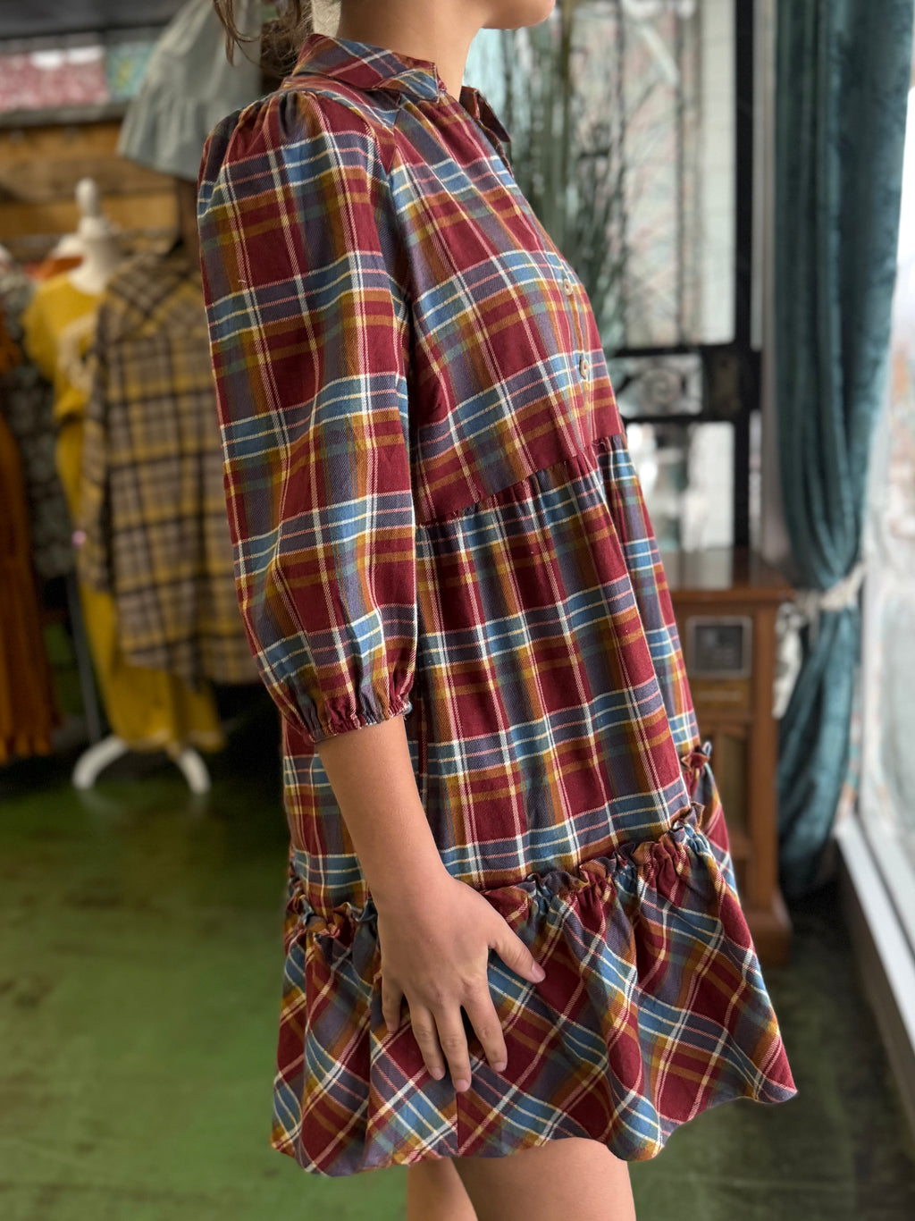 burgundy plaid dress V60